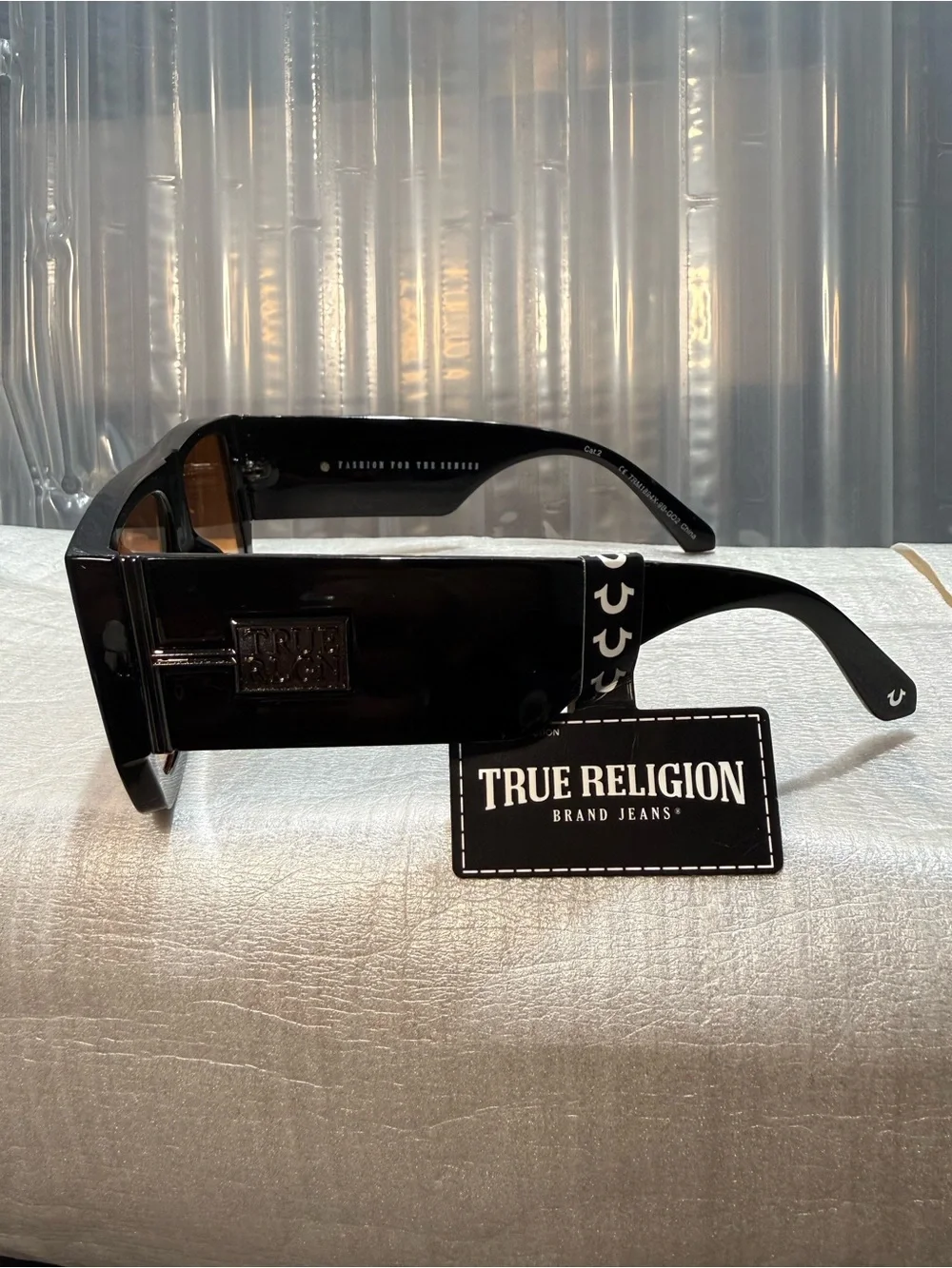 True Religion Men's Glossy Black Sunglasses with Yellow Mirror Lenses-NWT